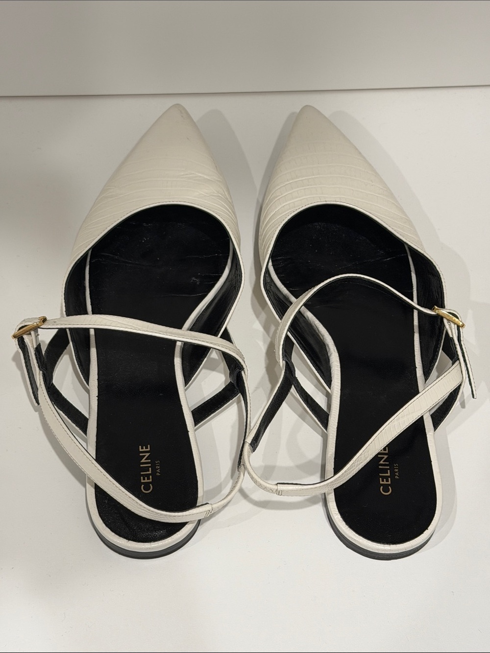 Celine White Pointed-Toe Croc-Embossed Ankle-Strap Flats - Picture 3 of 7